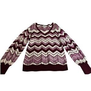White House Black Market L women v-neck ruffle purple maroon pink strip sweaters